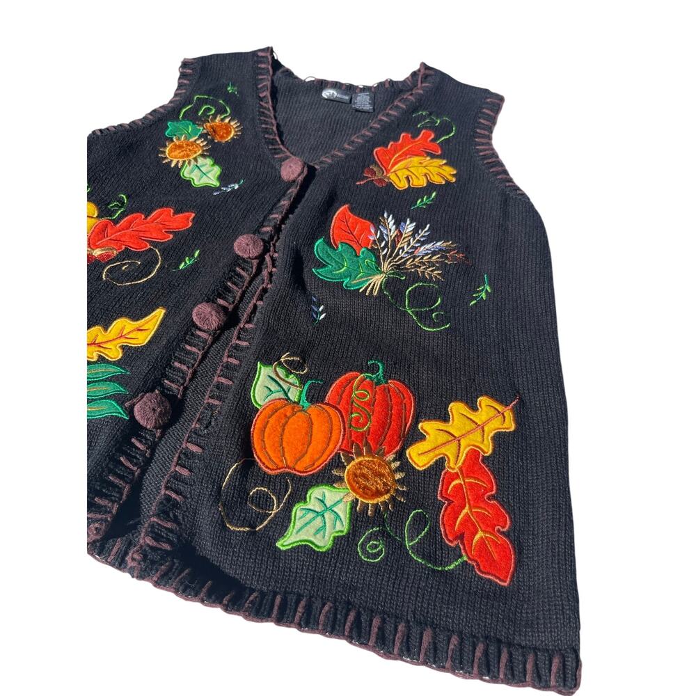 Vintage 90s Fall Leaves Embroidered Autumn Knit Sweater Vest Grandma Cottage M